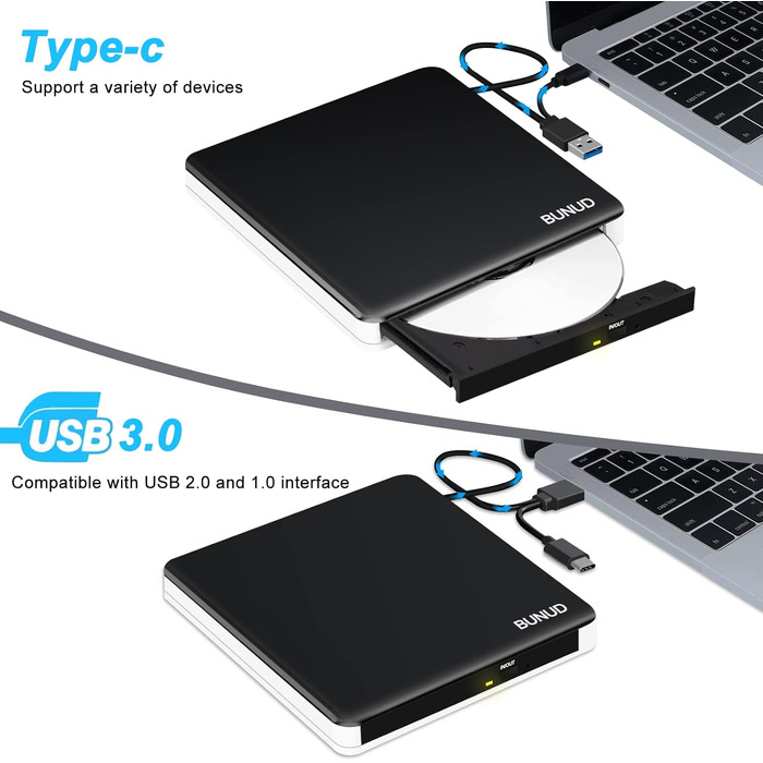 Зовнішній CD/DVD привід BU USB 3.0 & Type-C, DVD+/-RW ROM записувач з картридером SD/TF та USB-портами для ноутбука, PC, MacBook, Windows 11/10, macOS (чорний/білий)