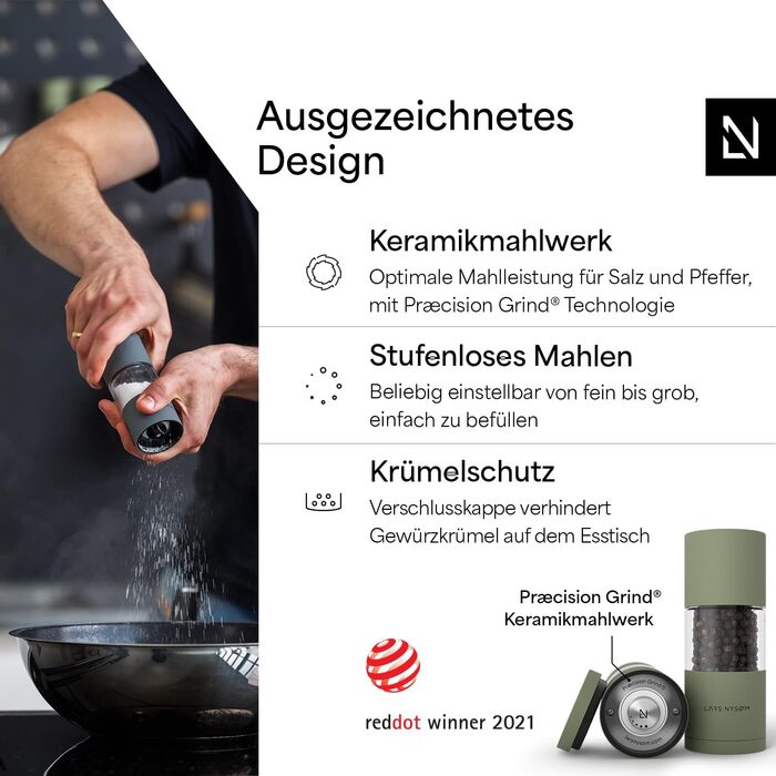 Набір для помелу солі та перцю LARS NYSØM з нержавіючої сталі (2 шт.) з регульованим керамічним жорном, зелений колір