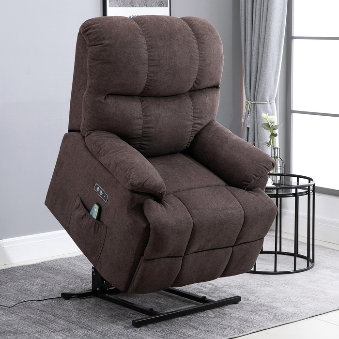 HOMCOM Massaging Chair with Stand-Up Assist, Electric Recliner with 8 Vibration Massage Points, Adjustable TV Chair, USB Interface, Velvet Dark Brown