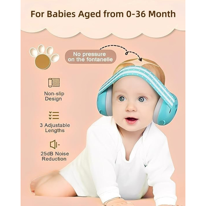 Навушники для захисту від шуму для малюків 0-36 місяців, блакитні. Регульоване антиковзне наголов'я, ідеально підходять для сну, подорожей та повсякденного використання.