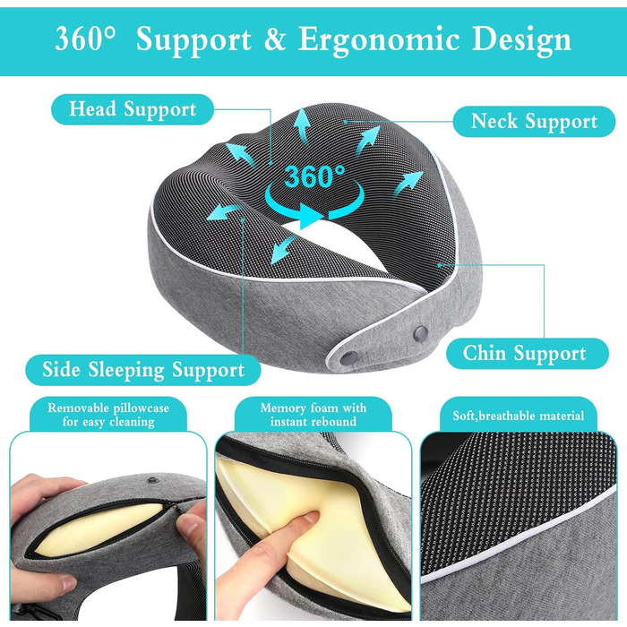 Подушка для шиї в подорожах, Memory Foam, ергономічна, з маскою для сну та навушниками, у чохлі