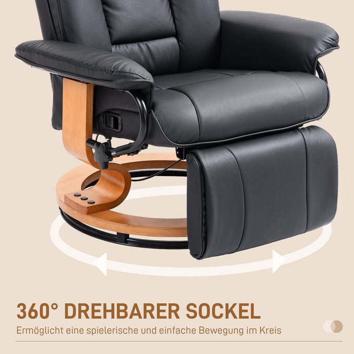 HOMCOM Recliner Chair, Swivel TV Chair with Reclining Function and Footrest, Holds up to 150 kg (220 lbs), Faux Leather TV Chair in Black for Living Room