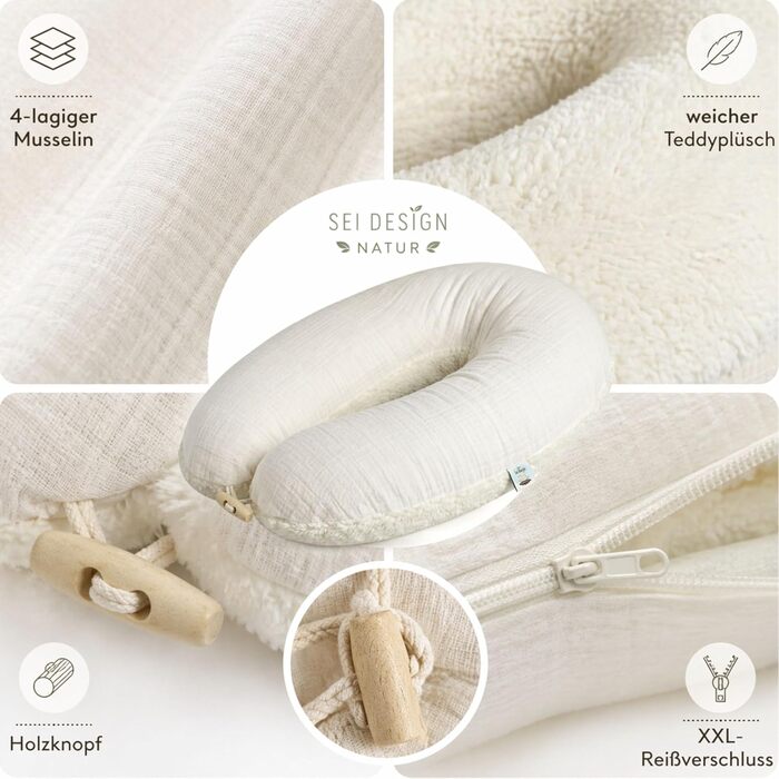 Подушка для вагітних та годування Sei Design XXL 190x35 см з мусліновим чохлом, ергономічна, з органічної бавовни