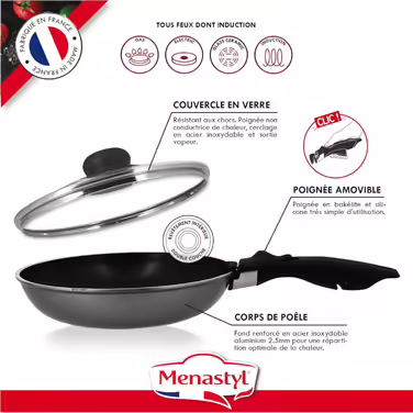 MENASTYL - 3-Piece Pan Set 24/28 cm + 1 Detachable Handle 6020283 – Pans made of aluminum for all types of stovetops including induction - Non-stick coating – Black