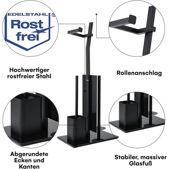 Набір для ванної кімнати WC-Garnitur з тримачем для туалетного паперу, без свердління, з нержавіючої сталі, скляний підстав, 32x20x70 см, чорний