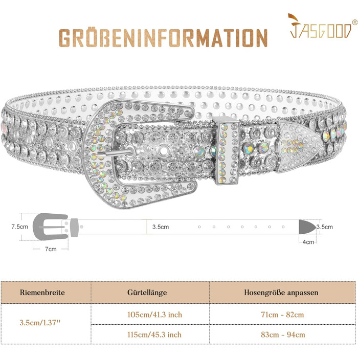 Жіночий шкіряний ремінь JasGood з камінням, стиль вестерн, ковбойський, з заклепками, сріблястий, 115 см (підходить для розміру штанів 81-95 см)