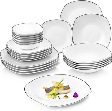 SÄNGER | 24-Piece Bilgola Black Rim Porcelain Dinnerware Set for 6 People, Dish Set Dishwasher Safe, Dinnerware with Dinner Plates & Bowls, White Dishware with Black Accents