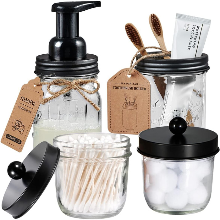 Mason Jar Bathroom Accessory Set, 4 Piece, Foaming Soap Dispenser & 2 Qtip Holders & Toothbrush Holder, Rustic Farmhouse Decor, Apothecary Glass, Countryside Countertop (Black) (Wide Mouth, Black)