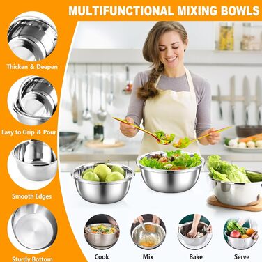 Mixing Bowl 3-Piece Set, Measuring Cup and Measuring Spoon 12-Piece Set, 5 Cup Pitcher & 7 Measuring Spoons, Nesting Cups, Stainless Steel Teaspoons and Tablespoons 18/8 for Baking and Cooking (Silver)