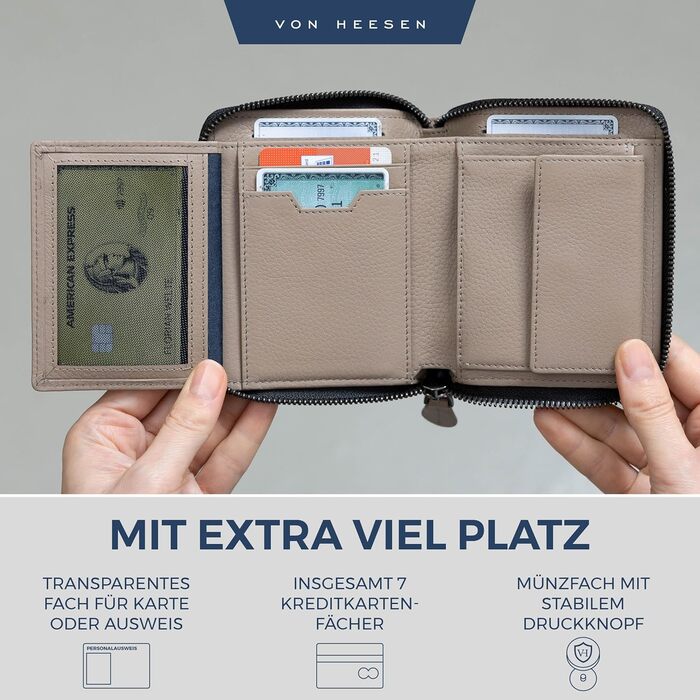 Гаманець VON HEESEN з натуральної шкіри з RFID-захистом, з монетницею, для чоловіків і жінок, колір таупе
