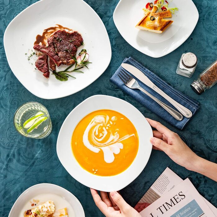 MALACASA Комплект посуду на 12 осіб, серія Elisa, 48 предметів: тарілки супові, десертні, обідні та миски, порцеляновий сервіз, світло-сірий колір