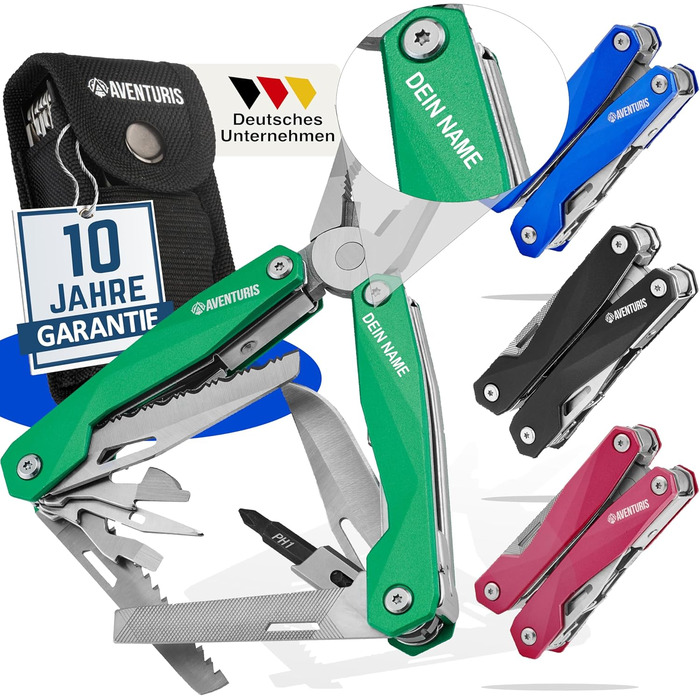 AVENTURIS® Multitool. Great multifunctional tool as bicycle accessory or outdoor gear, a multitool as men's gifts or a Leatherman multitool, green (Personalized, Green)