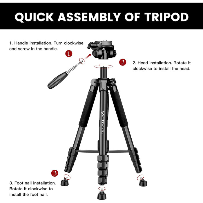 Штатив для камери Victiv 182см з алюмінію: трипод, монопод, 360° кулькова головка, 2 швидкісні пластини для DSLR - чорний
