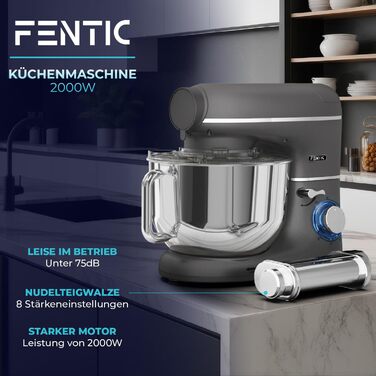 Кухонна машина з тістомісом та машиною для пасти – 2000W, з нержавіючою чашею 6.2L (сіра)