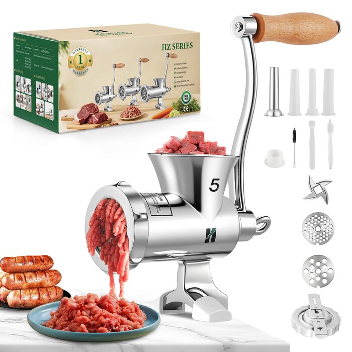 М'ясорубка ручна Huanyu з нержавіючої сталі, насадка для ковбас та печива, миється в посудомийній машині, для яловичини, свинини та овочів (№8)