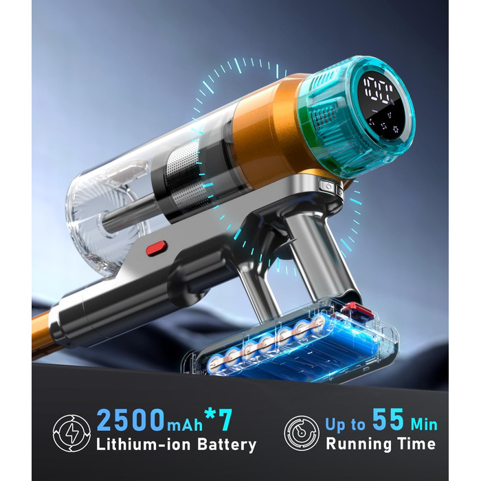 Бездротовий акумуляторний пилосос 450W з дисплеєм та автоматичним режимом. Час роботи до 50 хвилин. Підходить для твердих підлог, килимів та видалення шерсті тварин. (V10)