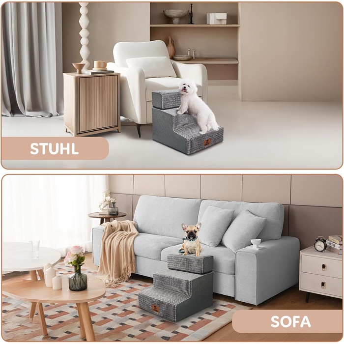 Sytopia dog stairs 40 cm high, 3 steps, dog stairs for bed sofa for small dogs, pet stairs washable, foam stairs, for injured older dogs (34cm height, Grey)