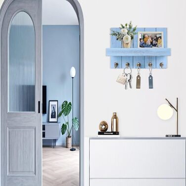 Дерев'яне ключниця з поличкою, 5 гачків, для прихожої, спальні, вітальні (Блакитний)