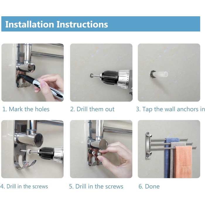 Тримач для рушників JSVER поворотний на 180°, з нержавіючої сталі 304, 3 висувні ручки до 50 см, для кухні, ванної кімнати, гардеробу, сріблястого кольору