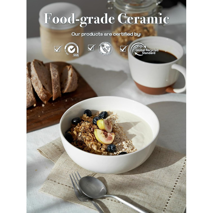 Набір супових мисок DOWAN 1100 мл (4 шт.) - білі керамічні миски для супу, каші, пасти, Φ18 см, стікшільні