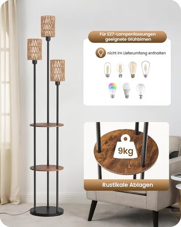 Стельова лампа для вітальні з полицею, 3-лампова торшер з етажеркою у стилі вінтаж, бохо торшер з дерева з вимикачем на ніжці, патрон E27, ретро-дизайн у кольорах коричневого та бежевого, ZEF53LDD05 (Ротанг, Чорний)