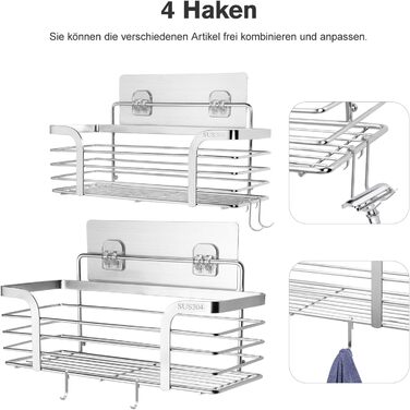 Поличка для душу Carehabi без свердління, 2 шт. Органайзер для ванної кімнати, полиця для душу з нержавіючої сталі з 4 гачками для шампуню та гелю для душу