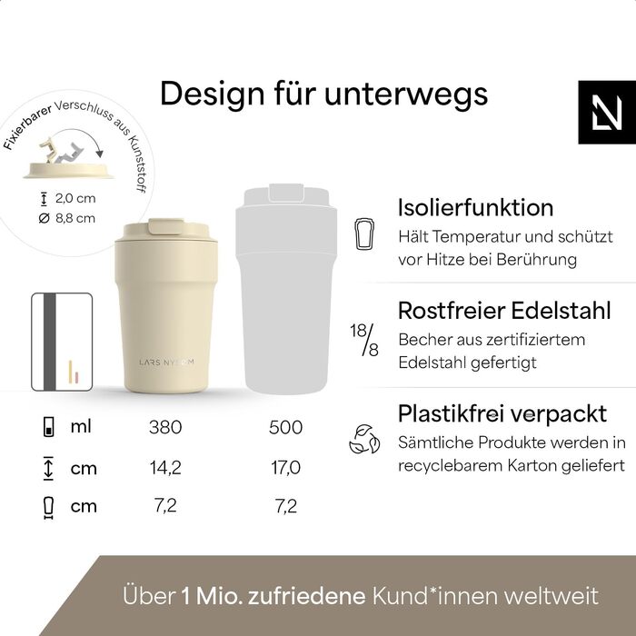 Термокружка для кави та чаю LARS NYSØM 380 мл Almond Beige | Термокружка з нержавіючої сталі, ізольована, з кришкою, що не протікає | 0,38 л