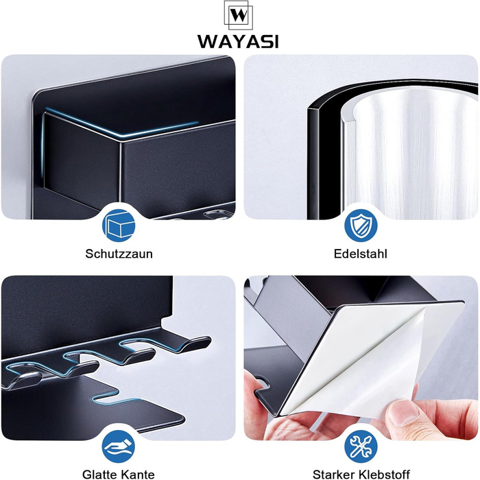 Тримач для зубних щіток настінний, для електричної зубної щітки, з підставкою для насадок, без свердління, чорний, компактний