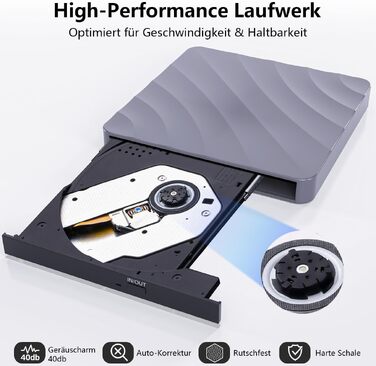 Зовнішній USB DVD/CD привід-записувач для ноутбука та ПК, оптичний накопичувач +/-RW ROM для Windows, MacOS, Linux (сірий/сріблястий)