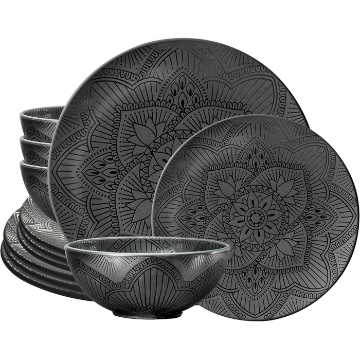 Набір тарілок та мисок Bzyoo з меламіну, 4 шт., чорний, La la Mandala. Без BPA, придатний для миття в посудомийній машині.