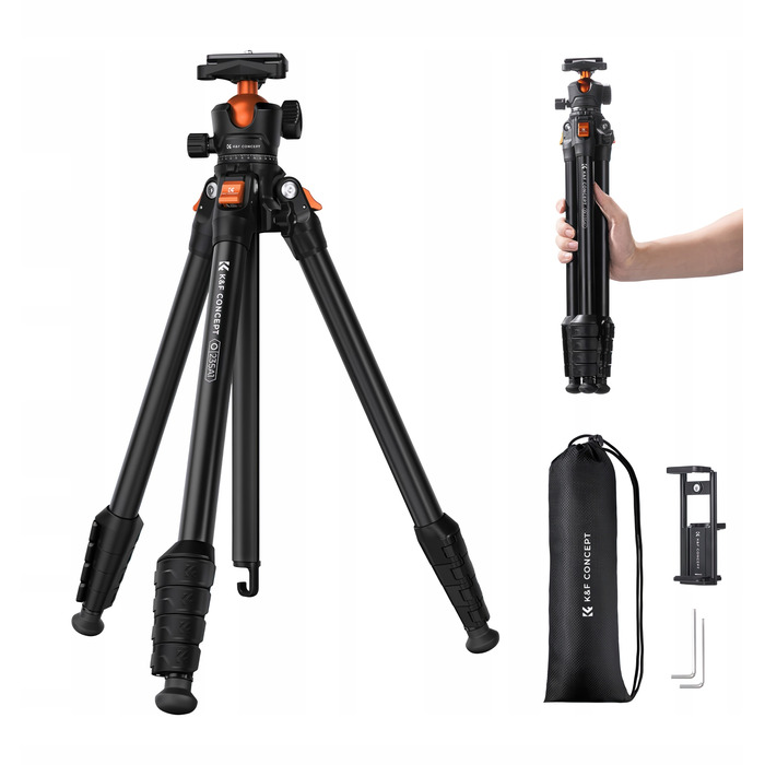 Штатив K&F Concept O235A1 + голова BH-40 + тримач для смартфона, 175 см, чорний