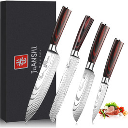 JUANSHI® 4-Piece Knife Set – Professional Kitchen Knife Set made of high-quality stainless steel, sharp blades, including Santoku, Chef's Knife, Bread Knife, and Utility Knife, perfect kitchen accessory