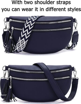 Сумка поясна жіноча бежева через плече кросбоді середнього розміру з відділенням для карток та 2 ремінцями, жіноча сумка (Темно-синя)