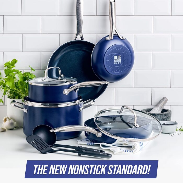 Набір посуду Blue Diamond Cookware Diamantstruktur Keramik Antihaft, 7-10 предметів: каструлі, сковорідки, молочник. Без PFAS, для всіх типів плит, включаючи індукцію. Можна мити в посудомийній машині, витримує температуру до 200°C.