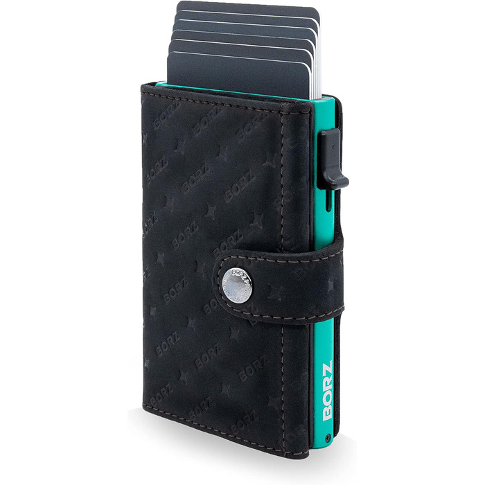 Круте шкіряне картхолдер BORZ Prime з відділенням для AirTag та цифровою візитною карткою. RFID захист, чорний (з синім кейсом)