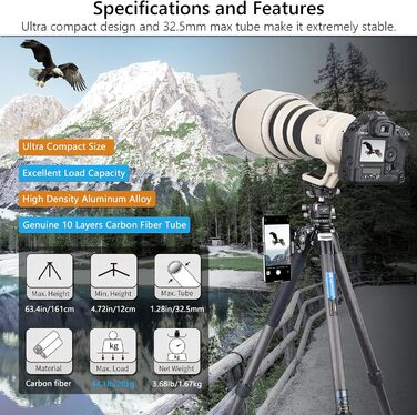 Штатив для камери ARTCISE з вуглецевого волокна з моноподом, 40 мм, для важкої техніки, 88 кг, CS80C