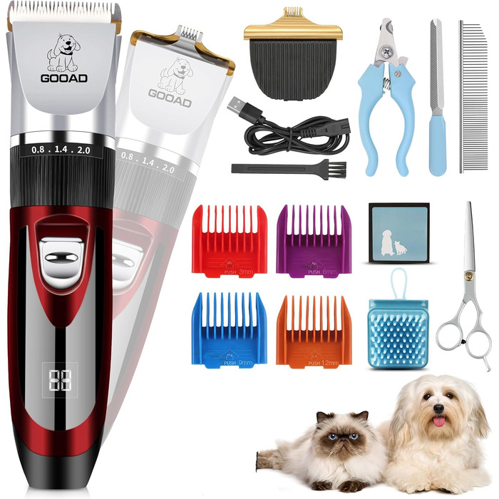 Електрична машинка для стрижки собак та котів, тиха, USB, акумуляторна, бездротова (червона)