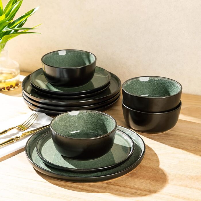 Набір керамічного посуду AmorArc (24 шт.) для 8 осіб: тарілки та миски, реактивна глазур, стійкий до сколів та тріщин, придатний для миття в посудомийній машині та використання в мікрохвильовій печі. Сервіз для 8 осіб (24-teilig), колір: матовий чорний не