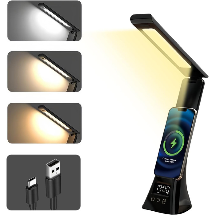 LED лампа настільна AMFUN з USB, регулюванням яскравості, захистом для очей, годинником та торканням, 3 кольори, нічник для читання, офіс