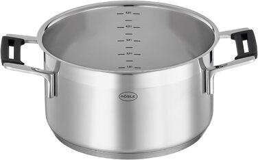 Каструля RÖSLE SILENCE PRO 24 см, універсальна, нержавіюча сталь 18/10, скляна кришка, індукційна, з внутрішньою шкалою, для плити, срібляста/чорна