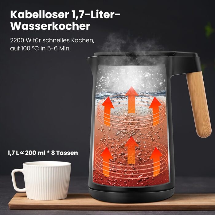 Електричний чайник VORSCH з нержавіючої сталі, 1,7 л, 2200 Вт, регулювання температури, підтримання тепла, захист від сухого кипіння, LCD-дисплей, поворотна база 360°, подвійні стінки, BPA-free, чорний з дерев'яною ручкою