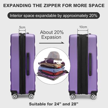 Чемодан-валіза KONO з розширенням, жорсткий, легкий, XL, з TSA-замком та 4 колесами, 75x47.5x29.5 см (M(55x35x22 см), фіолетовий)