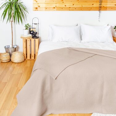 Плед LAYNENBURG Premium 180x220 см, вафельна тканина, 100% бавовна, бежевий колір. Плед для ліжка, дивана, софи.