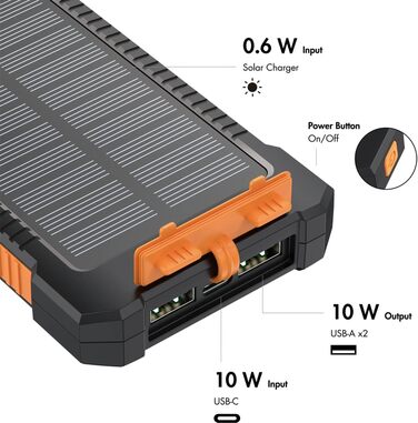 Портативний зарядний пристрій Solar Powerbank 8000 mAh з ліхтариком, чорно-помаранчевий, заряджає 2 пристрої (2x USB Type-A)