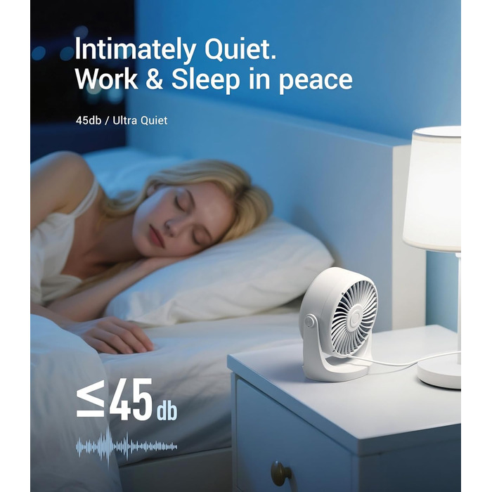 USB Turbo вентилятор для столу: тихий, потужний, з LED-дисплеєм, 5 швидкостей, 360° обертів, портативний для дому, офісу та відпочинку – TurboBreeze (сніжно-білий)