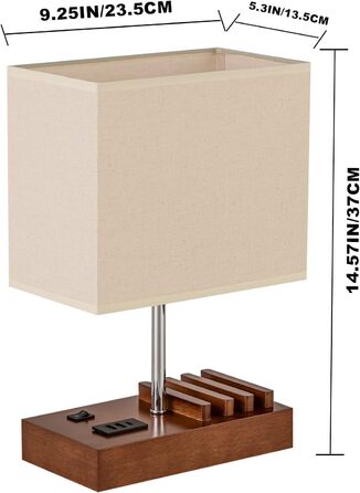 Настільна лампа Dreamholder з 3 USB-портами (A+C), підставкою для телефону, для спальні, вітальні, офісу, з натуральним дерев'яним цоколем та тканинним абажуром (цоколь з горіхового дерева)