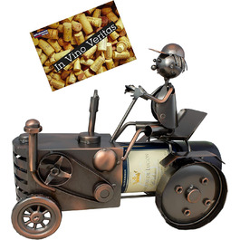 BRUBAKER Tractor Wine Bottle Holder with Tractor Driver - Decorative Object, Metal Bottle Stand with Greeting Card for Wine Gifts