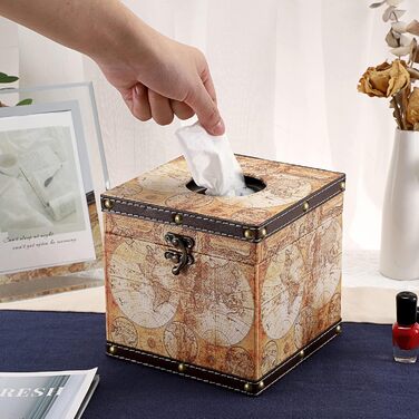 BTSKY Square Tissue Box Holder made of Wood + PU, Retro Style, for Home, Office, Cube, Napkin Holder, Elegant and Stylish Home Decor (Yellow Card)