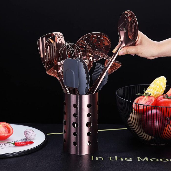 Copper Kitchen Utensils, 13-Piece Stainless Steel Cookware Set with Titanium Rose Gold Coating, Kitchen Utensil Set with Utensil Holder for Non-Stick Cookware (13 Pack)
