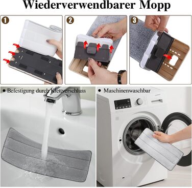 Набір для миття підлоги MASTERTOP з відром, моп з нержавіючою ручкою та 3 насадками, набір відра та мопа 2 в 1, плоский моп з функцією віджиму для ламінату, плитки (бежевий), комплект змінних насадок (3 шт.)